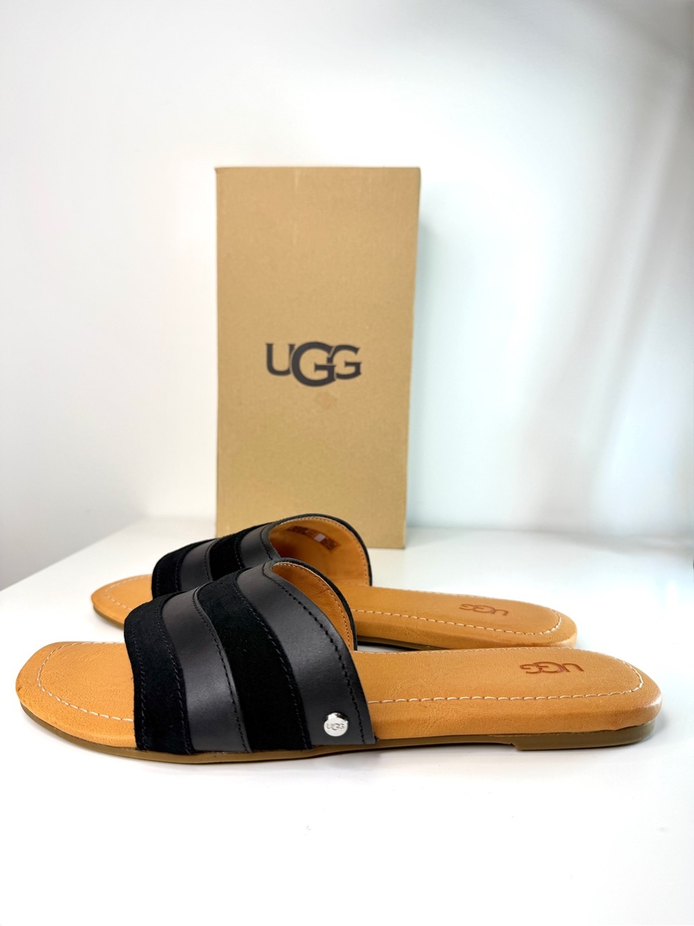 UGG Ximena Slide Sandal Black Leather Women 7M 7.5M 9M 9.5M